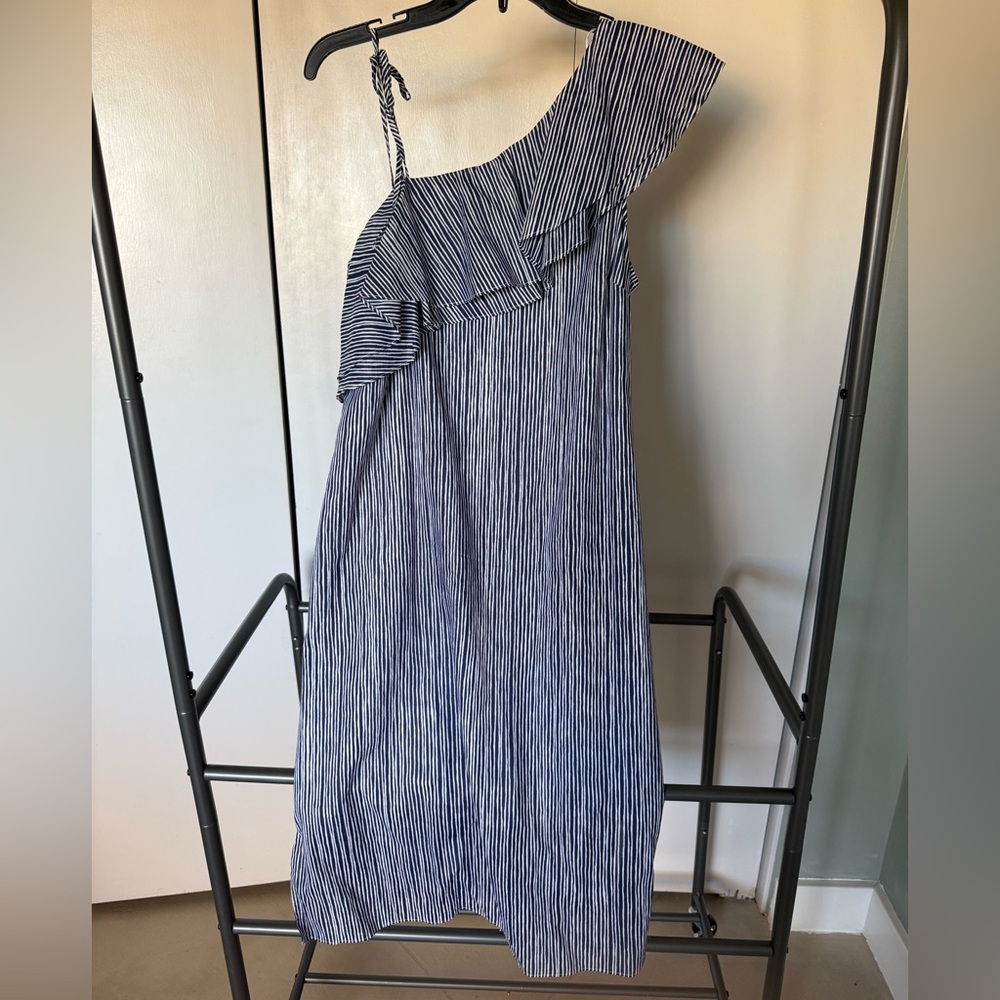 Halston Navy and White One-Shoulder Midi Dress